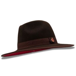 MEN'S MONTIQUE BROWN 100% WOOL FELT 3 1/8" BRIM RED BOTTOM FEDORA HAT. H80
